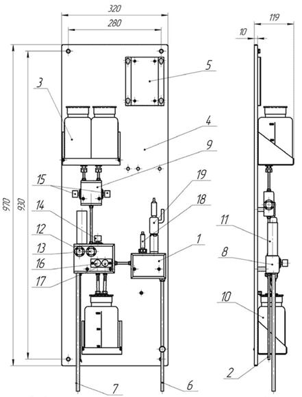 Состав и габаритные размеры гидравлического блока АН-012 в настенном исполнении